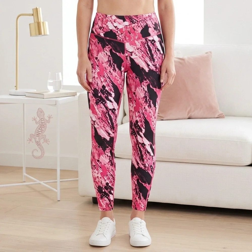 Athletic Works Leggings Womens XL Pink Black Abstract Print High Rise Yoga Pants